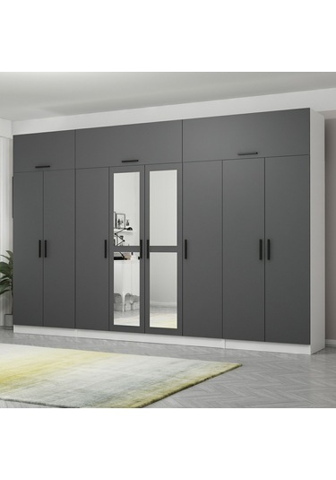 Minar Kale 8 Kapaklı 2 Aynalı 2 Ç Dolap Ve Yüklük Beyaz Antrasit 255cm Çok Renkli