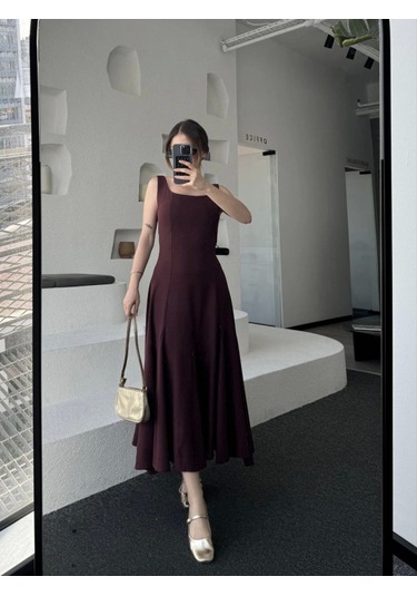 Sırt Dekolteli Kolsuz Uzun Elbise - Mürdüm Mürdüm