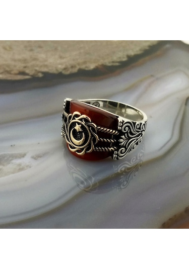 Fkgümüş Akik Taşlı Ay Yıldız Erkek Yüzük