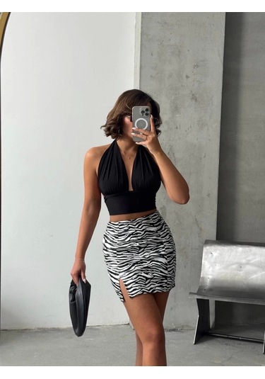 Tek Yırtmaçlı Zebra Desenli Deri Etek Beyazsiyah W24475-s Beyaz