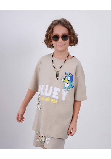Miniko Kids Erkek Çocuk Bluey Modelli Pamuk Şortlu Takım Ekru