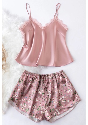 Merry See Dantel İşlemeli Çiçek Desenli Şort Pijama Takımı Pembe