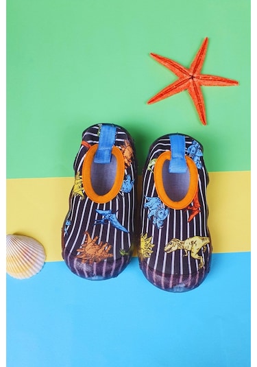 First Step Siyah Çizgili Dinazor Erkek Çocuk Kaydırmaz Taban Deniz Ayakkabısı F-7022 Çok Renkli