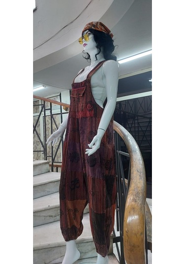 Hint Otantik Yıkamalı Taşlanmış Kahve Tonlu Şalvar Tulum Çok Renkli