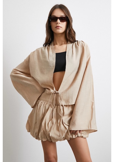 Geniş Kol Önden Bağlamalı Bluz Bej Bej