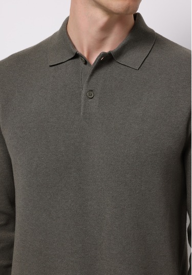 Colins Regular Fit Polo Yaka Jakarlı Erkek Yeşil Kazak Cl1076234 Q1.v2 Kha Haki