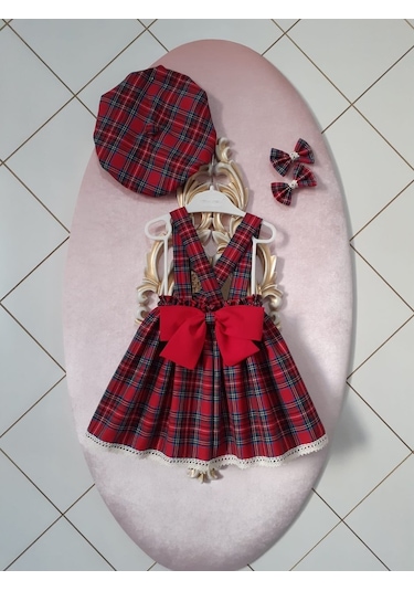 Eylülcebutik Eylülce Ekoseli Kız Bebek Salopet Takım
