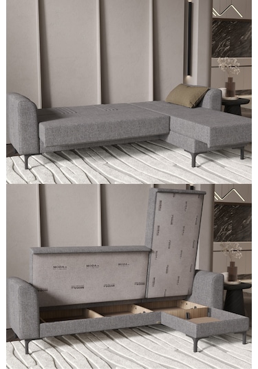 Rio Köşe Takımı Salon & Oturma Odası Açılır Yataklı Sandıklı Gri Gri