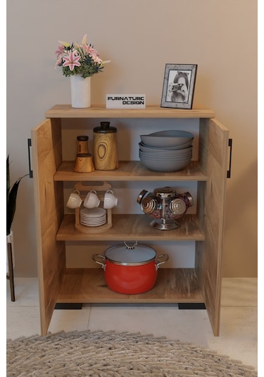 2 Kapaklı Çok Amaçlı Raflı Erzak Mutfak Dolabı - Atlantik Çam