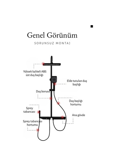 Zift Unique Premium Siyah Duş Sistemi Seti - 4 Fonksiyonlu Yağmur Duş Başlığı, Temperli Cam Raf, Masajlı El Duşu Siyah