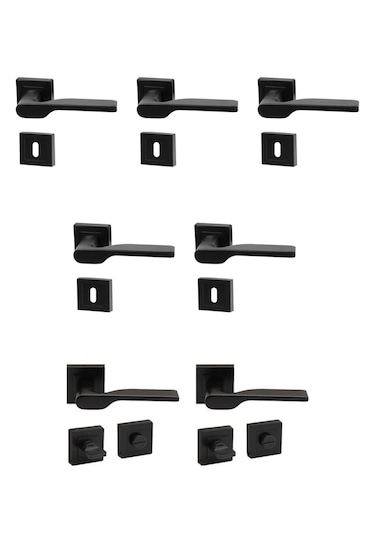 Aragon Siyah Kare Rozetli Kapı Kolu 7'li Set 3+1 Daire