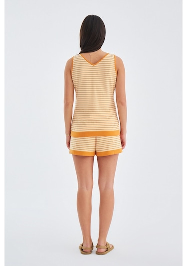 Peraluna Paru Top & Shorts Pamuklu Yazlık Kadın Triko Şort Takım Bej-Turuncu Bej - Turuncu