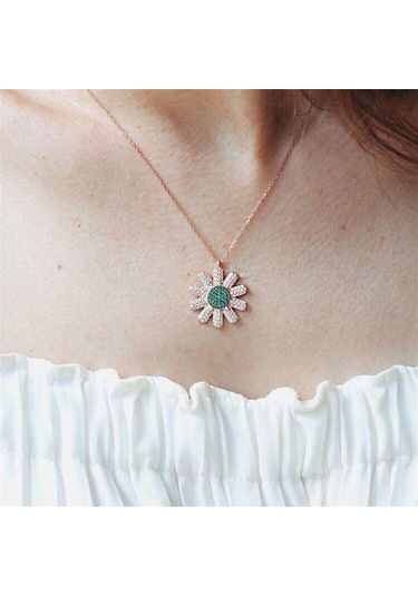 Yeşil ve Beyaz Zirkon Taşlı Papatya Kadın 925 Ayar Gümüş Kolye-1855