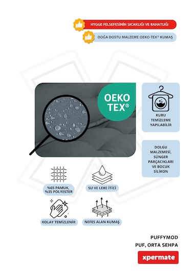 Xpermate Puffymod Dekoratif Kare Puf Orta Sehpa 40x40 Cm Gri