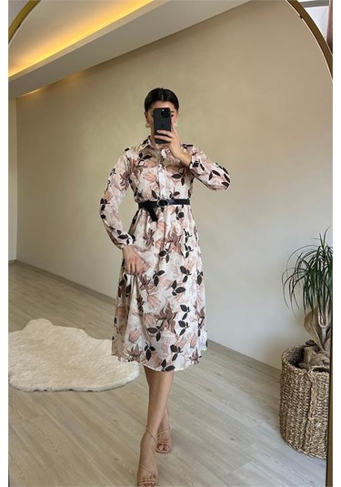 Neşeli Butik Kadın Desenli Gömlek Yaka Midi Elbise Nm011 Bej
