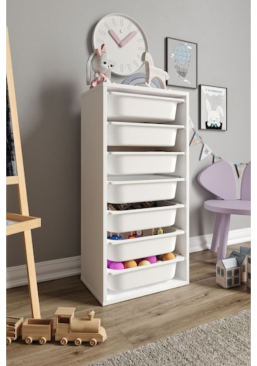 %100 Mdf - Medium Mono 7 Sepetli Oyuncak Dolabı Beyaz