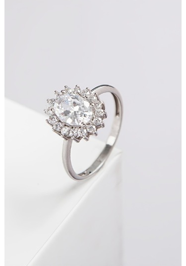 Oval Zirkon Taşlı Rodyumlu 925 Ayar Gümüş Bayan Yüzük -7968