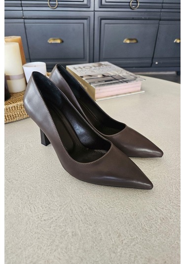 Ops 101308 Topukla Kadın Kadeh Topuk Stiletto Ayakkabı Kahve Deri