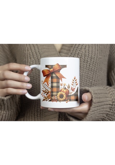 L Harfi Ekose Ve Sonbahar Temalı Kupa Bardak - Kişiye Özel Sıcak Tonlar Alfabe Kupa - Hediye Beyaz