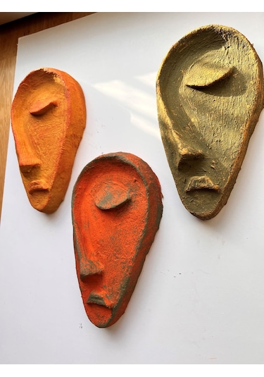 Özel Tasarım El Yapımı Heykel Soyut Yarım Yüz Maske 3'lü Set, Duvar Dekor, Ev-ofis Dekor