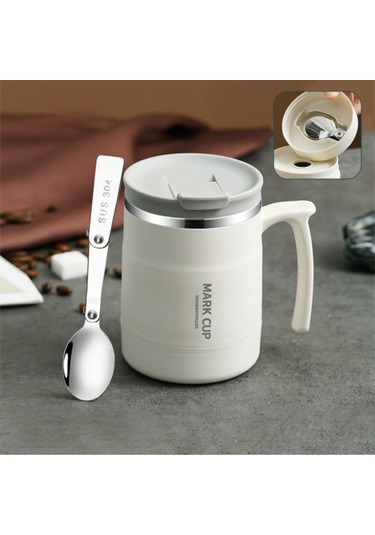 Kosona 500ml Çift Katlı Paslanmaz Çelik Portatif Kahve Bardak, Kollü Kapaklı Ve Çatırtılabilir Kaşık İçeren, Ofis Ve Seyahat İçin Uygun Beyaz