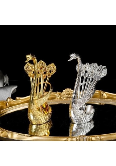 Novahub Altın Kuğu Şekilli Çatal Kaşık Seti - Paslanmaz Korozyona Dirençli Cilalı Yüzey - Depolama Tutucu İle Altın