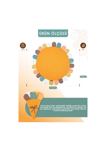 Mordesign Bebek/çocuk Oyun Halısı, Yenidoğan Emekleme Pedi, Aktivite Matı, Çok Amaçlı Minder, Sunny Serisi 125 X 125 Turuncu