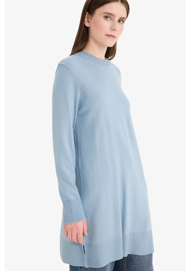 Defacto Regular Fit Bisiklet Yaka Yırtmaçlı Basic Düz Uzun Kollu Tunik H3431az25wnbe174 Mavi