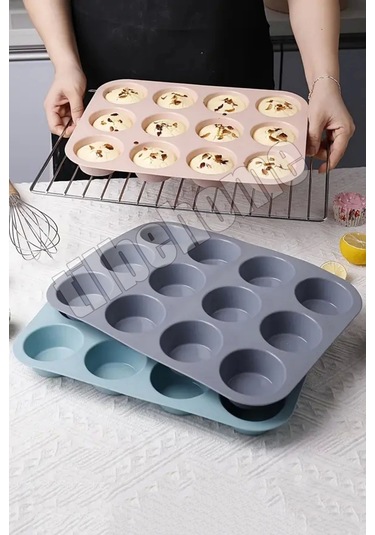 Tilbe Home 12'li Silikon Muffin Kalıbı Kurabiye Tatlı Cupcake Kek Kalıbı Yapışmaz Gıdaya Uygun Pişir Gri