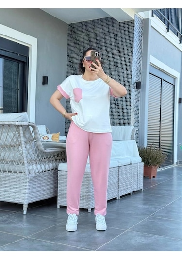 Defymoda Kadın Kristal Kumaş Garnili Cep Detaylı Ikili Takım Pembe