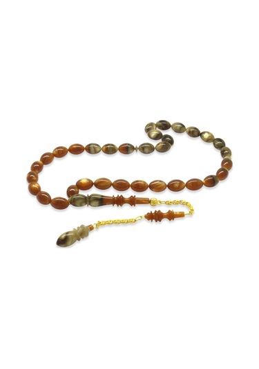 Gold Renk 925 Ayar Gümüş Püsküllü İmamesı Usta İşçilikli Arpa Kesim Sedefli Süzme Kahverengi-beyaz-siyah Katalin Tesbih