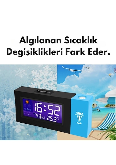 Monozone Masaüstü Yansıtmalı Saat Tarih Derece Nem Ölçer Alarmlı