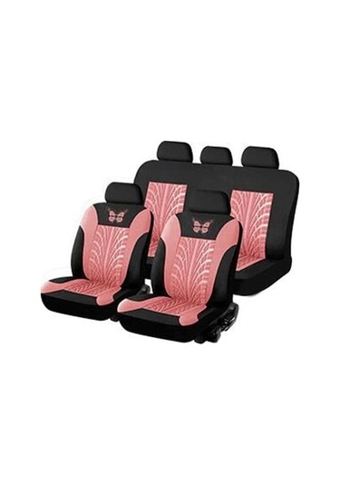 Evrensel Araba Koltuk Kılıfı 4 Adet Pembe - Büğrü Yontulu Kelebek Desenli, Yıkama Uygun Dayanıklı Dokuma
