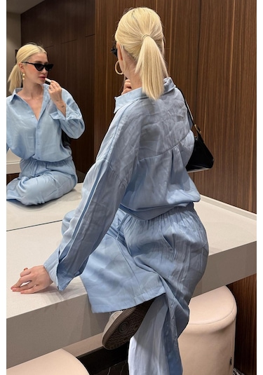 Madmext Mavi Basic Kadın Gömlek Pantolon İkili Takım Mg2352 Mavi