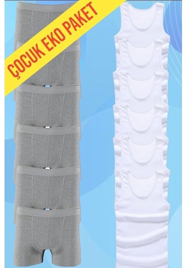 Tezzgelsin Erkek Çocuk Pamuklu Penye 6 Atlet 6 Boxer Beyaz Gri Beyaz - Gri