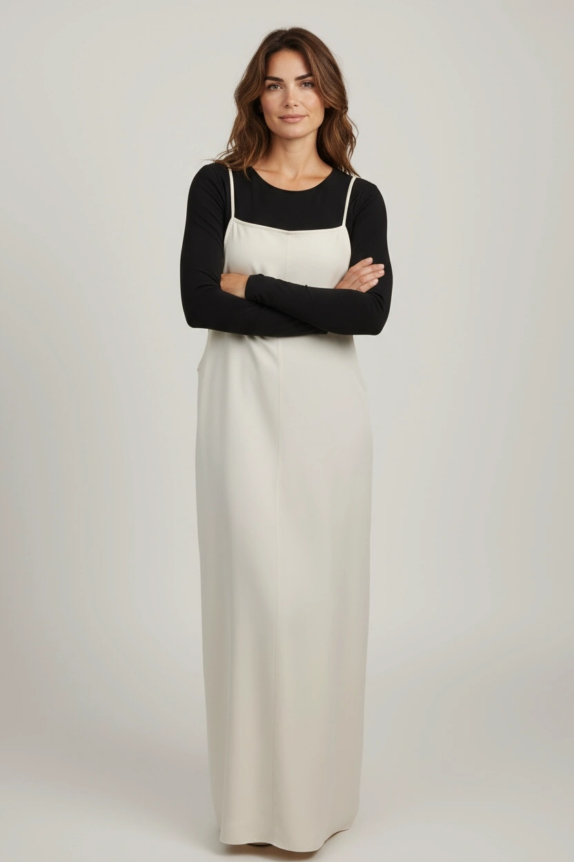 Kadın Ayarlanabilir İp Askılı Dabıl Kumaş Elbise Krem