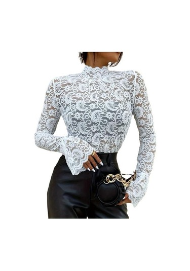 Kadın Üst Giyim Dik Yaka Alevli Uzun Kollu Dar Kesim Gömlek Düz Renk Şeffaf Oyuk Nakış Dantel Çiçek Desenli Üstler Beyaz