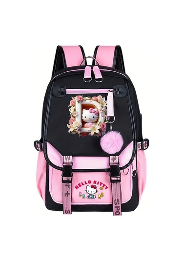 Honeybeeshop D Sku Sanrio Hello Kitty Büyük Kapasiteli Sırt Çantası 26 Harf Tasarımı Pembe Hafif Polyester Günlük Seyahat Çantası D