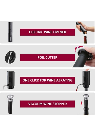 Xiyyadms "şarap Açacağı 4'lü Set: Usb Şarjlı Otomatik Şişe Açacağı, Dekantör, Vakumlu Tıpa Ve Folyo Kesici - Hediye" Siyah