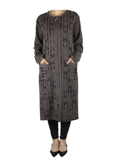 Kadın Önü Fermuarlı Üstten Cepli Kalın Kap Kahverengi