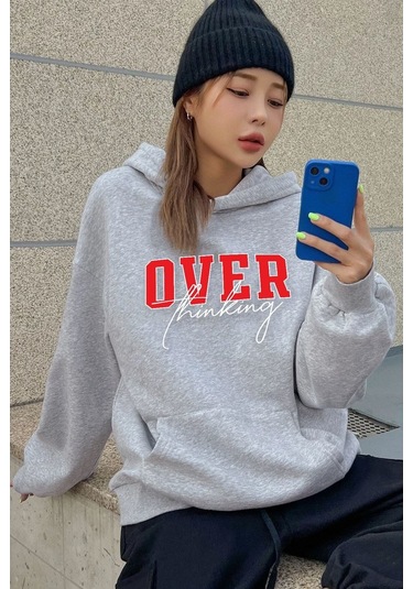 Over Thinking Baskılı Sweatshirt Gri