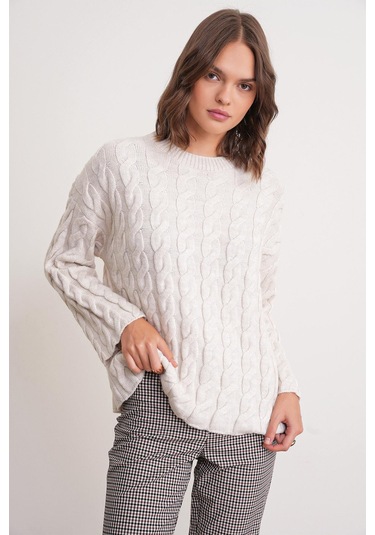 6973 Kadın Saç Örgülü Regular Basic Triko Kazak Taş Taş