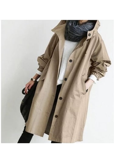 Kadınlar İçin Orta Uzunlukta Bol Rüzgarlık Ceket Haki