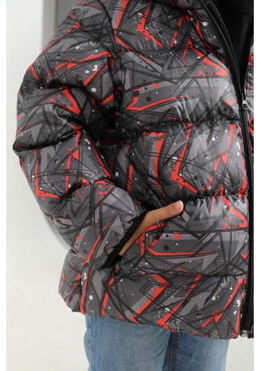 Erkek Çocuk Siyah Geometrik Desen İçi Polar Su Ve Rüzgar Geçirmez Kapüşonlu Cepli Şişme Kışlık Mont Siyah