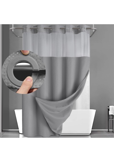 Ximistore9 Gri Su Geçirmez Banyo Perde Seti - Zımparalı Dokulu, Kanca Yok, Tıkla Tak Liner, Hızlı Kurulum, Spalon Deneyimi Açık Gri