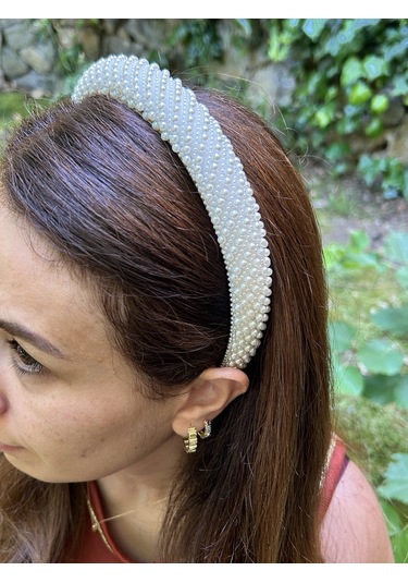 Tasarım Abiye Kına Nişan Full Düz İnci Beyaz İşlemesi Taç Aksesuar Beyaz