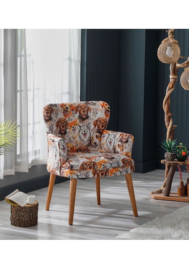 Roma Modern Tekli Koltuk Berjer - Dijital Baskılı Kumaş - Ahşap Ayak - Köpek Desen Köpekli