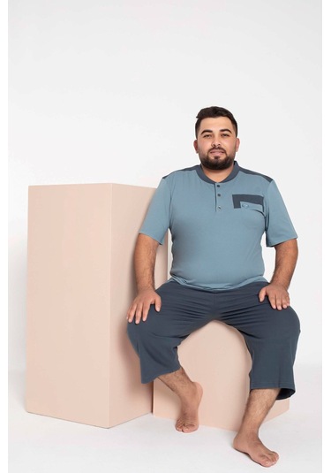 Erkek Büyük Beden 3 Düğme %100 Pamuk Kısa Kol Cepli Kapri Bermuda Pijama Takımı Açık Mavi