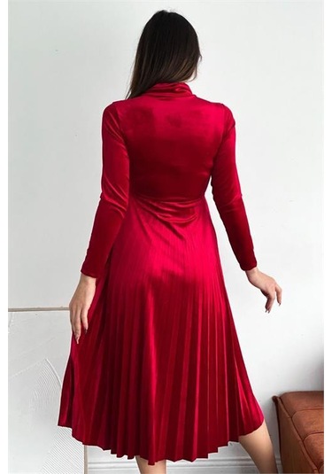 Kadın Yakası Bağlama Detaylı Piliseli Kadife Elbise Dpnbq012 Kırmızı