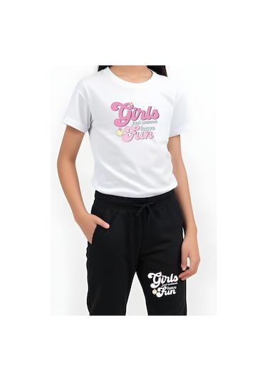 Fyk Kids Kız Çocuk Yuvarlak Yaka Baskılı Girls Fun Alt-üst Pijama Takımı Beyaz